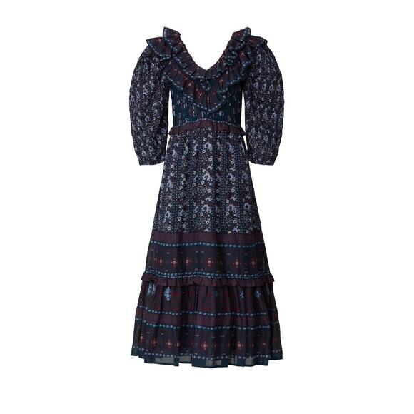 Sea Nadine Navy Blue Border Print Puff Sleeve Ruffled V-Neck Maxi Dress Size 14 - Picture 6 of 16